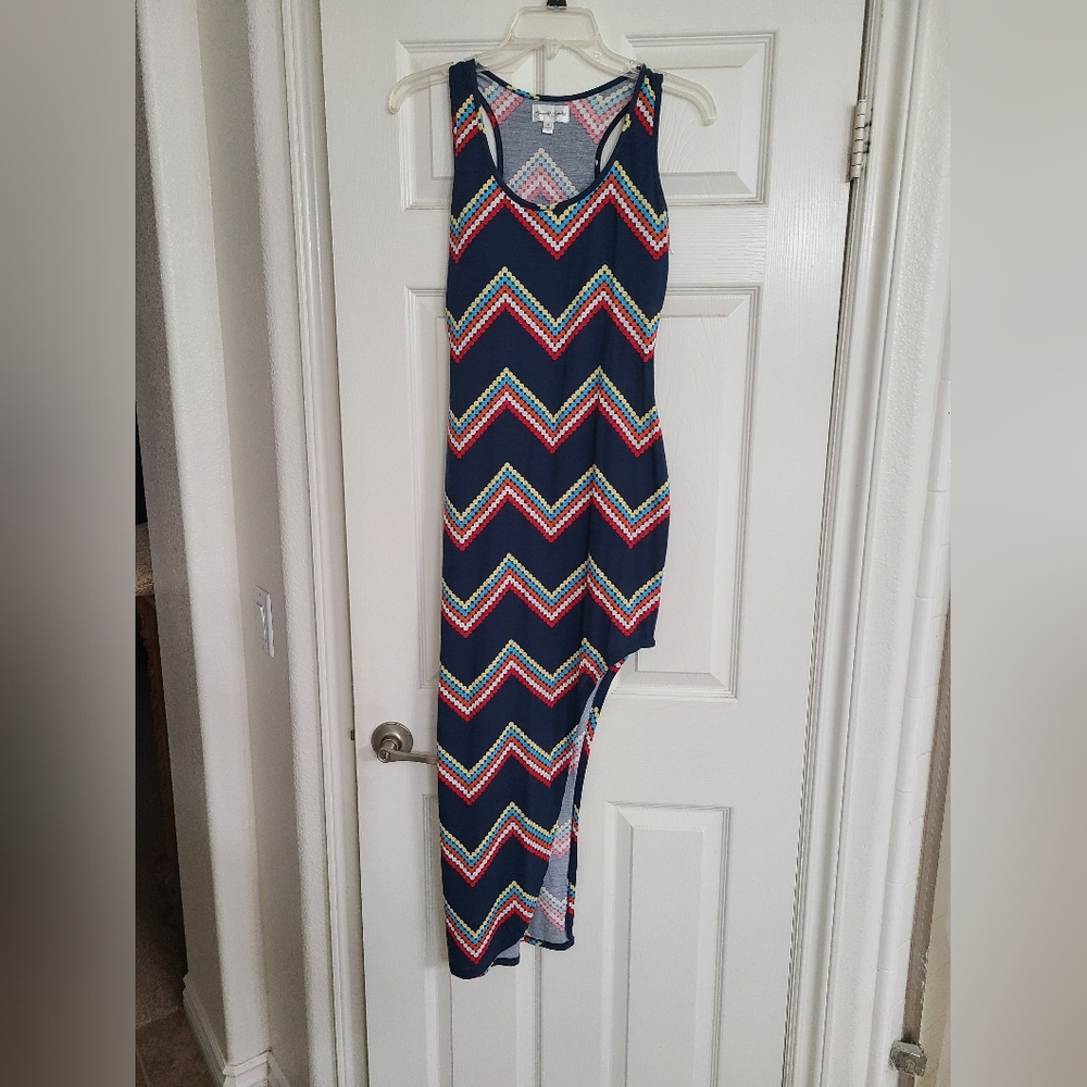 Emerald Sundae Navy Asymmetrical Chevron Dress.